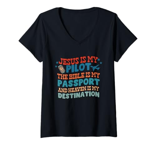 Damen Jesus ist Mein Pilot Die Bibel ist Mein Reisepass und der Himmel T-Shirt mit V-Ausschnitt Damen Jesus ist Mein Pilot Die Bibel ist Mein Reisepass und der Himmel T-Shirt mit V-Ausschnitt von Jesus Is My Pilot The Bible Is My Passport