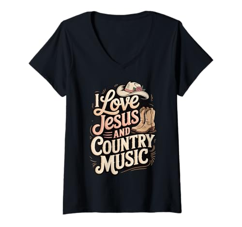 Damen I Love Jesus and Country Music T-Shirt mit V-Ausschnitt Damen I Love Jesus and Country Music T-Shirt mit V-Ausschnitt von Jesus Liebe Country musik Christlich Religiös