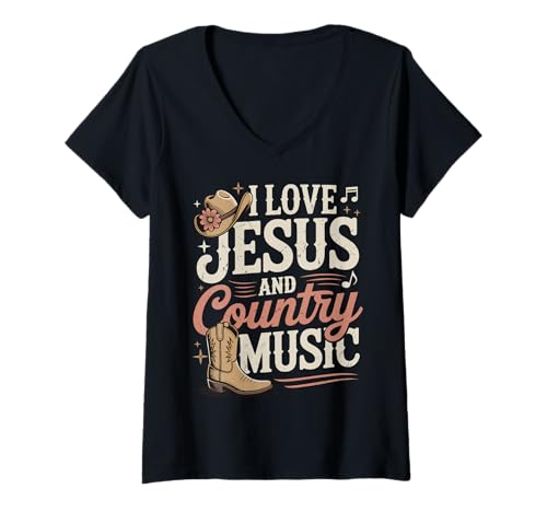 Damen I Love Jesus and Country Music T-Shirt mit V-Ausschnitt Damen I Love Jesus and Country Music T-Shirt mit V-Ausschnitt von Jesus Liebe Country musik Christlich Religiös