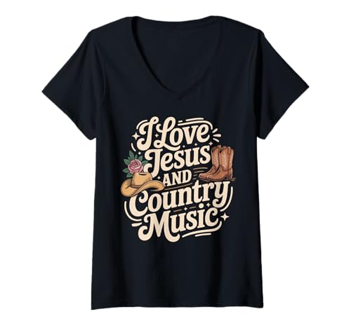 Damen I Love Jesus and Country Music T-Shirt mit V-Ausschnitt Damen I Love Jesus and Country Music T-Shirt mit V-Ausschnitt von Jesus Liebe Country musik Christlich Religiös