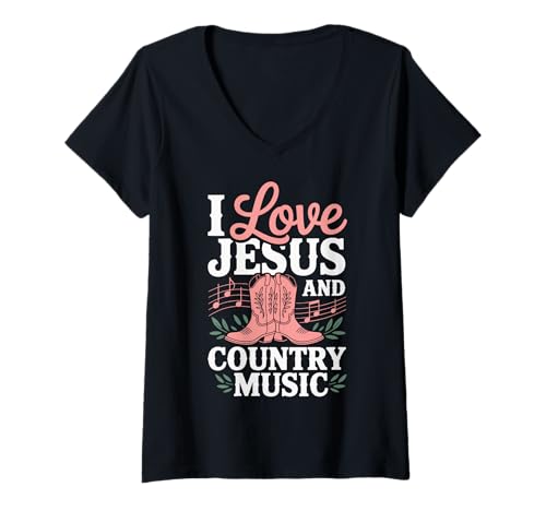 Damen I Love Jesus and Country Music T-Shirt mit V-Ausschnitt Damen I Love Jesus and Country Music T-Shirt mit V-Ausschnitt von Jesus Liebe Country musik Christlich Religiös
