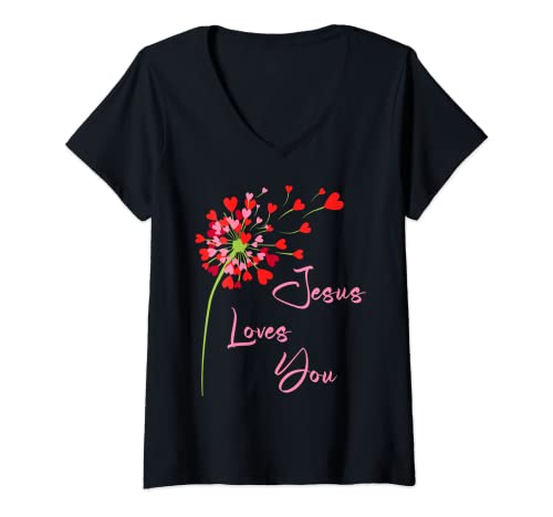 Damen Jesus Loves You, Löwenzahn-Herzen, christlich T-Shirt mit V-Ausschnitt Damen Jesus Loves You, Löwenzahn-Herzen, christlich T-Shirt mit V-Ausschnitt von Jesus Loves You