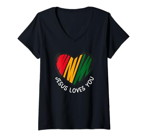 Damen Jesus Loves You, Rotgold und Grün Jesus Love, Reggae Jesus T-Shirt mit V-Ausschnitt Damen Jesus Loves You, Rotgold und Grün Jesus Love, Reggae Jesus T-Shirt mit V-Ausschnitt von Jesus Red Gold And Green