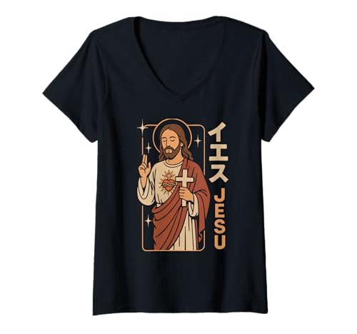 Damen Christian Manga Jesus Christus Heiliges Herz Kreuz Anime Kunst T-Shirt mit V-Ausschnitt Damen Christian Manga Jesus Christus Heiliges Herz Kreuz Anime Kunst T-Shirt mit V-Ausschnitt von Jesus Sacred Heart Christian Japanese Manga Anime