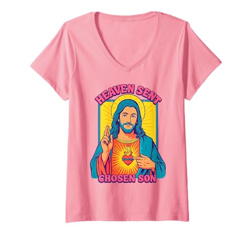 Damen Anime Manga Jesus Heiliges Herz Christian Retro Pop Art Pink T-Shirt mit V-Ausschnitt Damen Anime Manga Jesus Heiliges Herz Christian Retro Pop Art Pink T-Shirt mit V-Ausschnitt von Jesus Sacred Heart Christian Manga Retro Pop Art