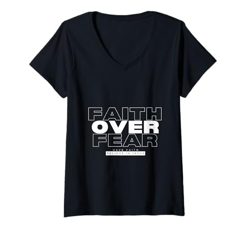 Damen Christian Streetwear Clothing - Faith Over Fear T-Shirt mit V-Ausschnitt Damen Christian Streetwear Clothing - Faith Over Fear T-Shirt mit V-Ausschnitt von Jesus Saves Christian Streetwear Designs