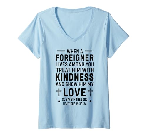 Damen Bibelvers, Leviticus 19, Be Kind To Foreigners, Christian T-Shirt mit V-Ausschnitt von Jesus Shirts Apparel And Accessories