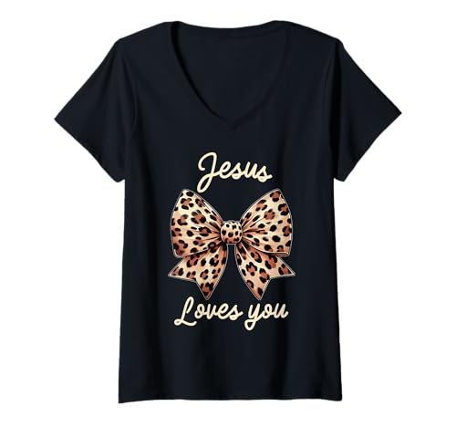 Damen Niedliches christliches Design Leopard Kokette Schleife Jesus Loves You T-Shirt mit V-Ausschnitt von Jesus Shirts Apparel And Accessories