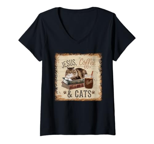 Damen Jesus Kaffee Tshirt Katzen Lustig Coffee Christ Bibel Kirche T-Shirt mit V-Ausschnitt von Jesus TShirt Christentum Kaffee Gott Glaube Bibel