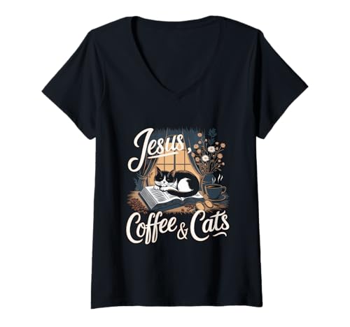 Damen Jesus Kaffee Tshirt Katzen Lustig Coffee Christ Bibel Kirche T-Shirt mit V-Ausschnitt von Jesus TShirt Christentum Kaffee Gott Glaube Bibel