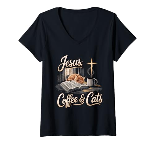 Damen Jesus Kaffee Tshirt Katzen Lustig Coffee Christ Bibel Kirche T-Shirt mit V-Ausschnitt von Jesus TShirt Christentum Kaffee Gott Glaube Bibel