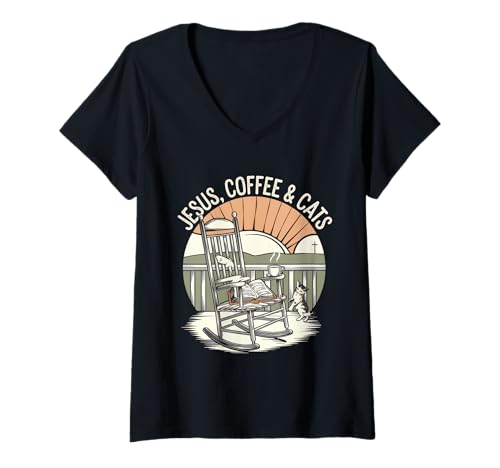 Damen Jesus Kaffee Tshirt Katzen Lustig Coffee Christ Bibel Kirche T-Shirt mit V-Ausschnitt von Jesus TShirt Christentum Kaffee Gott Glaube Bibel