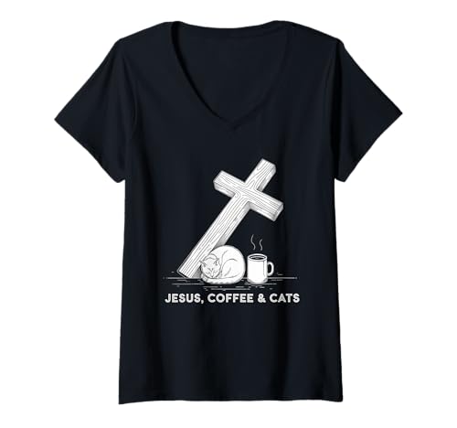 Damen Jesus Kaffee Tshirt Katzen Lustig Coffee Christ Bibel Kirche T-Shirt mit V-Ausschnitt von Jesus TShirt Christentum Kaffee Gott Glaube Bibel