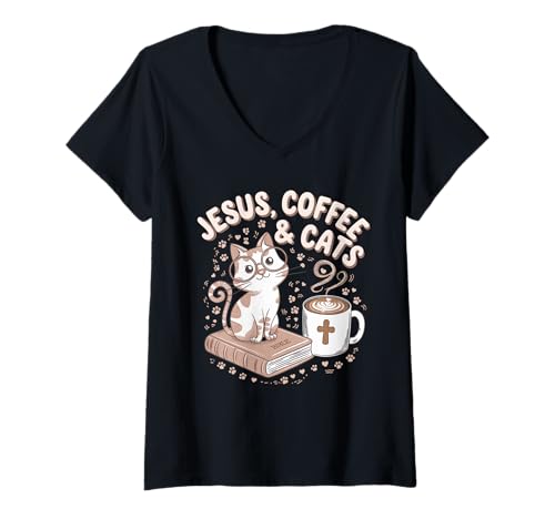 Damen Jesus Kaffee Tshirt Katzen Lustig Coffee Christ Bibel Kirche T-Shirt mit V-Ausschnitt von Jesus TShirt Christentum Kaffee Gott Glaube Bibel