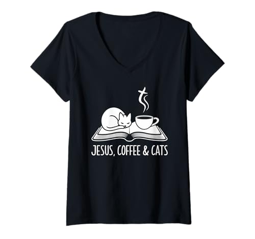 Damen Jesus Kaffee Tshirt Katzen Lustig Coffee Christ Bibel Kirche T-Shirt mit V-Ausschnitt von Jesus TShirt Christentum Kaffee Gott Glaube Bibel