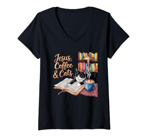 Damen Jesus Kaffee Tshirt Katzen Lustig Coffee Christ Bibel Kirche T-Shirt mit V-Ausschnitt von Jesus TShirt Christentum Kaffee Gott Glaube Bibel