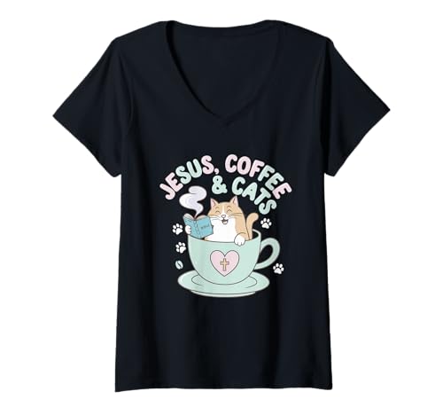 Damen Jesus Kaffee Tshirt Katzen Lustig Coffee Christ Bibel Kirche T-Shirt mit V-Ausschnitt von Jesus TShirt Christentum Kaffee Gott Glaube Bibel