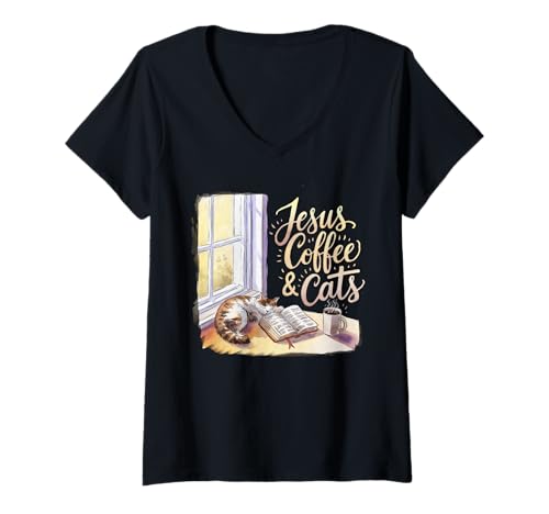 Damen Jesus Kaffee Tshirt Katzen Lustig Coffee Christ Bibel Kirche T-Shirt mit V-Ausschnitt von Jesus TShirt Christentum Kaffee Gott Glaube Bibel