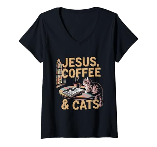Damen Jesus Kaffee Tshirt Katzen Lustig Coffee Christ Bibel Kirche T-Shirt mit V-Ausschnitt von Jesus TShirt Christentum Kaffee Gott Glaube Bibel