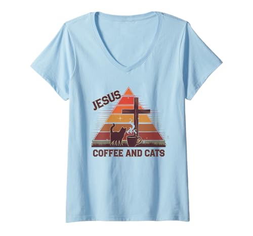 Damen Jesus Kaffee Tshirt Katzen Lustig Coffee Christ Bibel Kirche T-Shirt mit V-Ausschnitt von Jesus TShirt Christentum Kaffee Gott Glaube Bibel