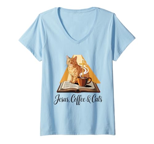 Damen Jesus Kaffee Tshirt Katzen Lustig Coffee Christ Bibel Kirche T-Shirt mit V-Ausschnitt von Jesus TShirt Christentum Kaffee Gott Glaube Bibel