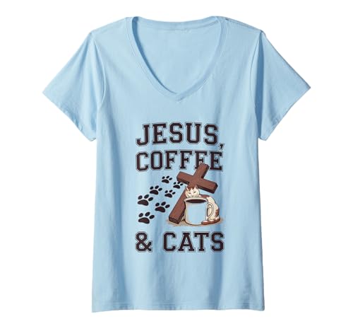 Damen Jesus Kaffee Tshirt Katzen Lustig Coffee Christ Bibel Kirche T-Shirt mit V-Ausschnitt von Jesus TShirt Christentum Kaffee Gott Glaube Bibel
