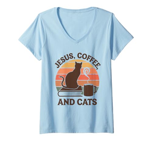 Damen Jesus Kaffee Tshirt Katzen Lustig Coffee Christ Bibel Kirche T-Shirt mit V-Ausschnitt von Jesus TShirt Christentum Kaffee Gott Glaube Bibel
