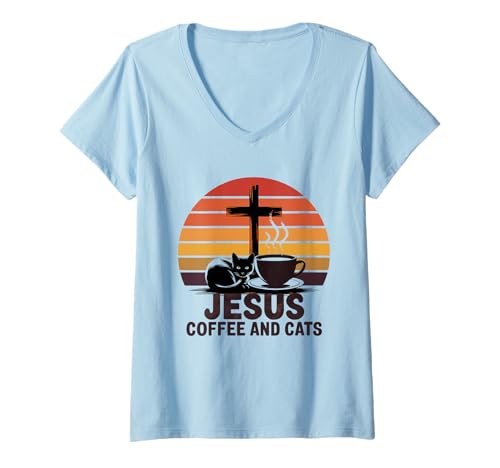 Damen Jesus Kaffee Tshirt Katzen Lustig Coffee Christ Bibel Kirche T-Shirt mit V-Ausschnitt von Jesus TShirt Christentum Kaffee Gott Glaube Bibel