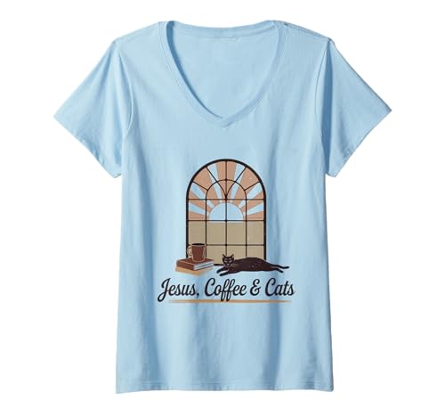 Damen Jesus Kaffee Tshirt Katzen Lustig Coffee Christ Bibel Kirche T-Shirt mit V-Ausschnitt von Jesus TShirt Christentum Kaffee Gott Glaube Bibel