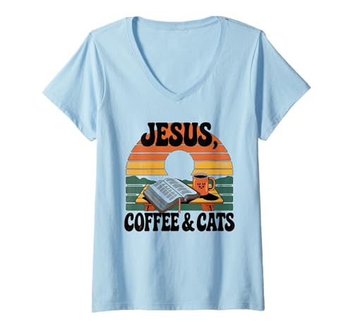Damen Jesus Kaffee Tshirt Katzen Lustig Coffee Christ Bibel Kirche T-Shirt mit V-Ausschnitt von Jesus TShirt Christentum Kaffee Gott Glaube Bibel