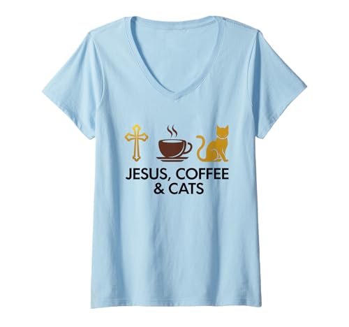 Damen Jesus Kaffee Tshirt Katzen Lustig Coffee Christ Bibel Kirche T-Shirt mit V-Ausschnitt von Jesus TShirt Christentum Kaffee Gott Glaube Bibel