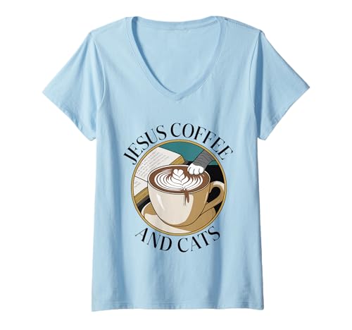 Damen Jesus Kaffee Tshirt Katzen Lustig Coffee Christ Bibel Kirche T-Shirt mit V-Ausschnitt von Jesus TShirt Christentum Kaffee Gott Glaube Bibel