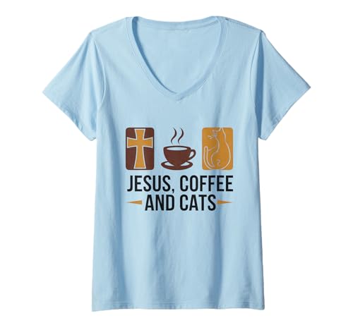 Damen Jesus Kaffee Tshirt Katzen Lustig Coffee Christ Bibel Kirche T-Shirt mit V-Ausschnitt von Jesus TShirt Christentum Kaffee Gott Glaube Bibel
