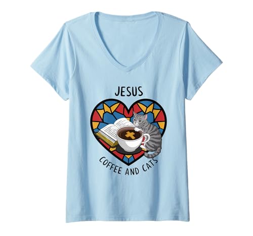 Damen Jesus Kaffee Tshirt Katzen Lustig Coffee Christ Bibel Kirche T-Shirt mit V-Ausschnitt von Jesus TShirt Christentum Kaffee Gott Glaube Bibel