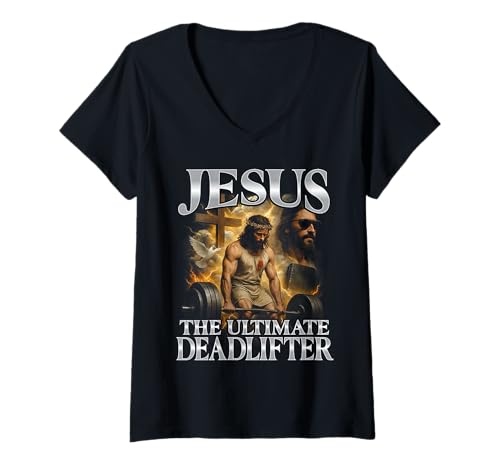 Damen Jesus The Ultimate Deadlifter Lustiger Bootleg Gym Bodybuilder T-Shirt mit V-Ausschnitt Damen Jesus The Ultimate Deadlifter Lustiger Bootleg Gym Bodybuilder T-Shirt mit V-Ausschnitt von Jesus The Ultimate Deadlifter Funny Bootleg Gym