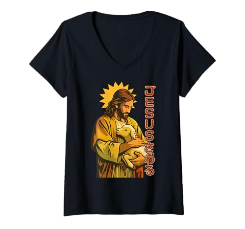 Damen Jesus Touch Good Shepherd, Manga-Anime-Design, christlicher Glaube T-Shirt mit V-Ausschnitt Damen Jesus Touch Good Shepherd, Manga-Anime-Design, christlicher Glaube T-Shirt mit V-Ausschnitt von Jesus Touch Christian Manga Faith Japanese Anime