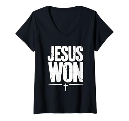 Damen Jesus hat den Sieg gewonnen: Kreuzgläubiger christlicher Glaube T-Shirt mit V-Ausschnitt Damen Jesus hat den Sieg gewonnen: Kreuzgläubiger christlicher Glaube T-Shirt mit V-Ausschnitt von Jesus Won Victory Cross Faith Christian Belief