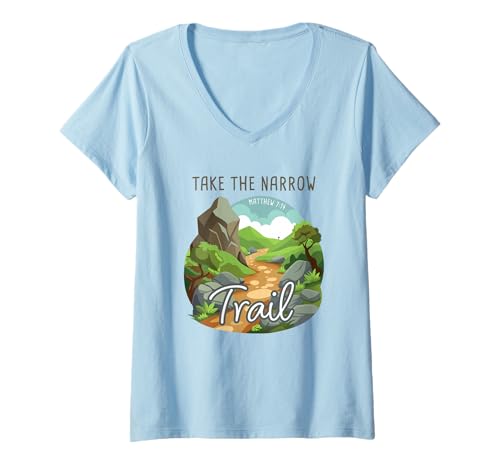 Damen Take The Narrow Trail – Matthew 7:14 Christian Faith Camping T-Shirt mit V-Ausschnitt Damen Take The Narrow Trail – Matthew 7:14 Christian Faith Camping T-Shirt mit V-Ausschnitt von Jesus is My Compass: Christian Faith Camping