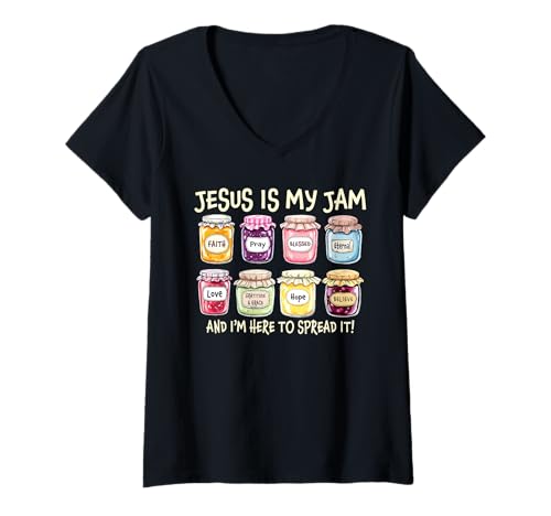 Damen Jesus ist meine Marmelade und ich bin hier, um sie zu verteilen T-Shirt mit V-Ausschnitt Damen Jesus ist meine Marmelade und ich bin hier, um sie zu verteilen T-Shirt mit V-Ausschnitt von Jesus is my jam and I'm here to spread it Tee
