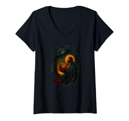 Damen Jesus Christus Good Shepherd Night Abenduhr Design T-Shirt mit V-Ausschnitt Damen Jesus Christus Good Shepherd Night Abenduhr Design T-Shirt mit V-Ausschnitt von Jesus is the Answer
