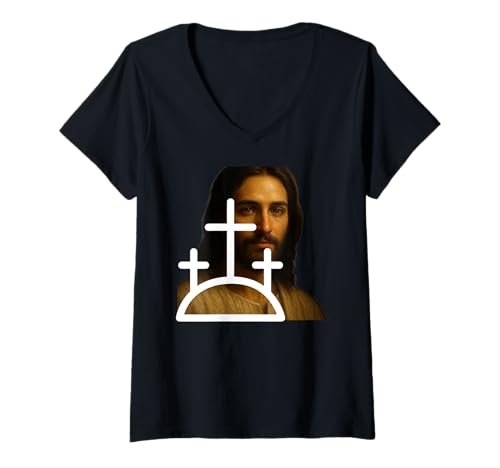 Damen Jesus Portrait in DREI Kreuzen Fenster Christliche Kunst T-Shirt mit V-Ausschnitt Damen Jesus Portrait in DREI Kreuzen Fenster Christliche Kunst T-Shirt mit V-Ausschnitt von Jesus is the Answer