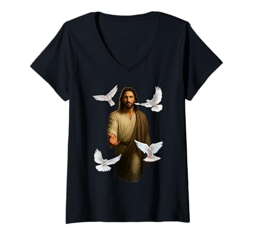 Damen Jesus geht mit weißen Tauben auf dem Wasser Christlicher Kunstglaube T-Shirt mit V-Ausschnitt Damen Jesus geht mit weißen Tauben auf dem Wasser Christlicher Kunstglaube T-Shirt mit V-Ausschnitt von Jesus is the Answer