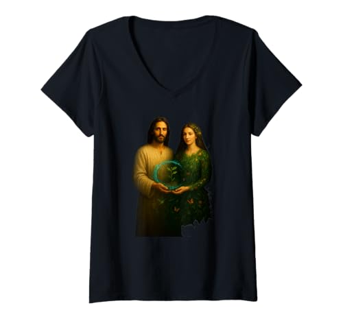 Damen Jesus und Mutter Natur mit Wasserbäumchen Botanisches Design T-Shirt mit V-Ausschnitt Damen Jesus und Mutter Natur mit Wasserbäumchen Botanisches Design T-Shirt mit V-Ausschnitt von Jesus is the Answer