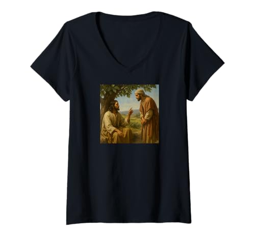 Damen Jesus und Nathanael unter Feigenbaum Johannes 1:48 biblische Szene T-Shirt mit V-Ausschnitt Damen Jesus und Nathanael unter Feigenbaum Johannes 1:48 biblische Szene T-Shirt mit V-Ausschnitt von Jesus is the Answer
