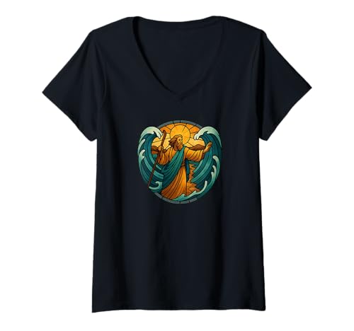 Damen Moses Parts das Rote Meer Buntglas-Symbol T-Shirt mit V-Ausschnitt von Jesus is the Answer
