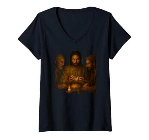 Damen Road to Emmaus Jesus Breaking Bread with Disciples T-Shirt mit V-Ausschnitt Damen Road to Emmaus Jesus Breaking Bread with Disciples T-Shirt mit V-Ausschnitt von Jesus is the Answer
