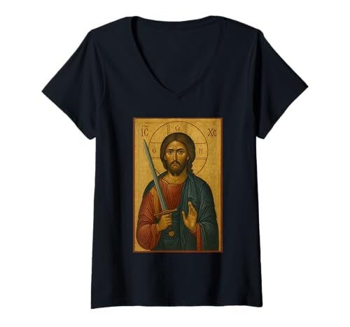 Damen Jesus mit Schwert Ikone - orthodoxe Ikonen von Jesus T-Shirt mit V-Ausschnitt Damen Jesus mit Schwert Ikone - orthodoxe Ikonen von Jesus T-Shirt mit V-Ausschnitt von Jesus mit Schwertikone