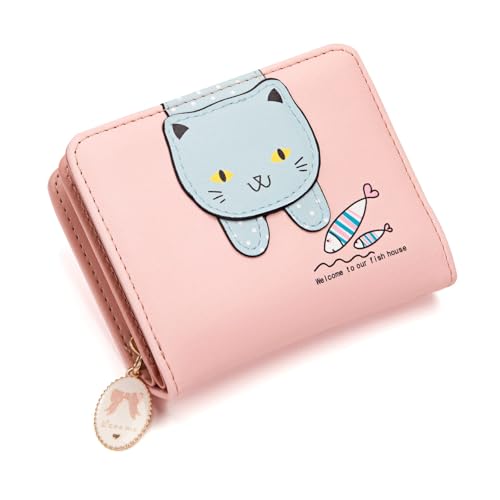 Jesustree Geldbörse Damen Klein, Bifold PU Leder Kleines Portemonnaie Kurzformat Damen Brieftasche Geldbeutel mit Zipper Münzfach, Kartenfächern für Mädchen Frauen,Rosa von Jesustree