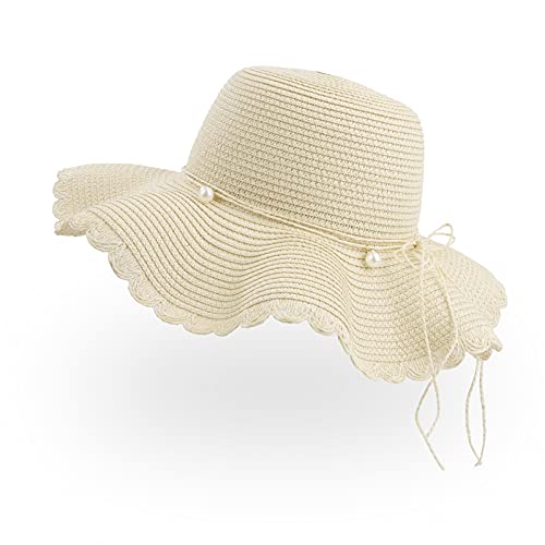 Jesustree Strohhut Damen Frauen Faltbarer Sonnenhut, Sommer Atmungsaktiv Floppy-Strandhut mit Breiter Krempe und schöner Perlen, UV Schutz UPF 50 für Wandern Reise Urlaub (Beige) von Jesustree