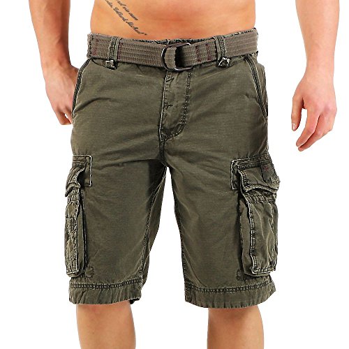 Jet Lag Herren Baumwoll Cargo Shorts Take Off 8 Knielang Canvas-Gürtel Olive W32 von Jet Lag